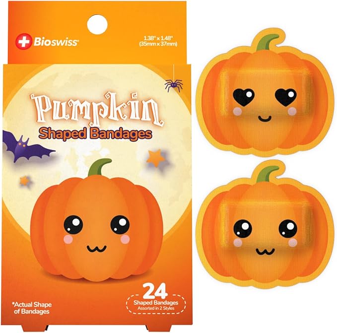 BioSwiss Kids Bandages, Halloween Pumpkin Shaped Self Adhesive Bandage Set, Latex Free, Sterile Wound Care, 24 Count