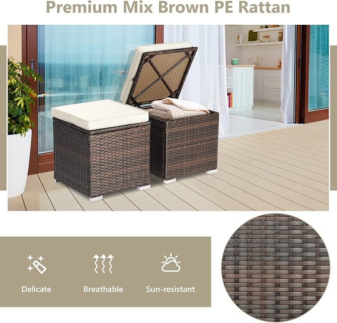 Tangkula 2 Pieces Patio Ottomans, Patiojoy Hand-Woven PE Rattan Side Table with Removable Cushion & Hidden Storage Space, Multifunctional Storage Box, Seat for Patio, Backyard, Poolside (Off White)