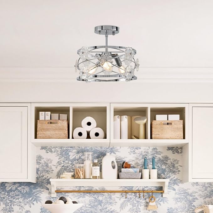 12.6" Semi Flush Mount Ceiling Light Modern 3-Lights Drum Ceiling Lighting with Chrome Finish Vintage Modern Crystal Flower Light Fixture for Bedroom, Entryway, Kitchen, Dining Room, E12