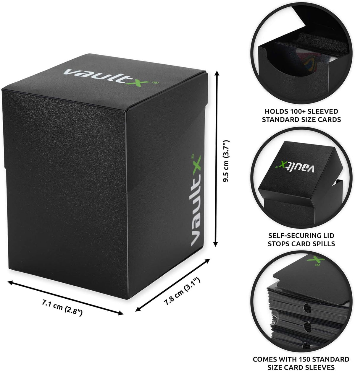 Vault X Trading Card Deck Box - Large Standard Holder with 150 Black Sleeves for MTG & TCG