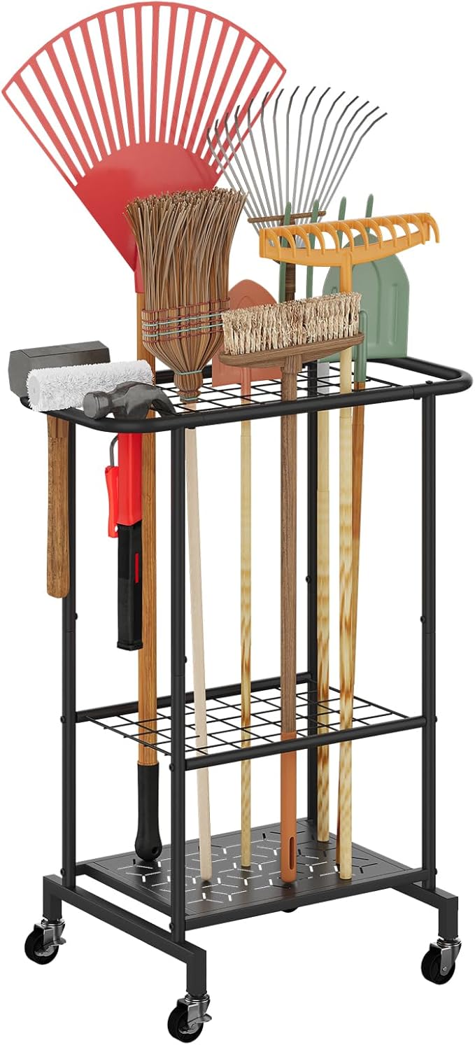 Garden Tool Organizer with Wheels, Yard Tool Rack Heavy Duty Steel Tool Organizer and Storage Holder Broom Holder for Garage, Shed, Patio, Indoor/Outdoor