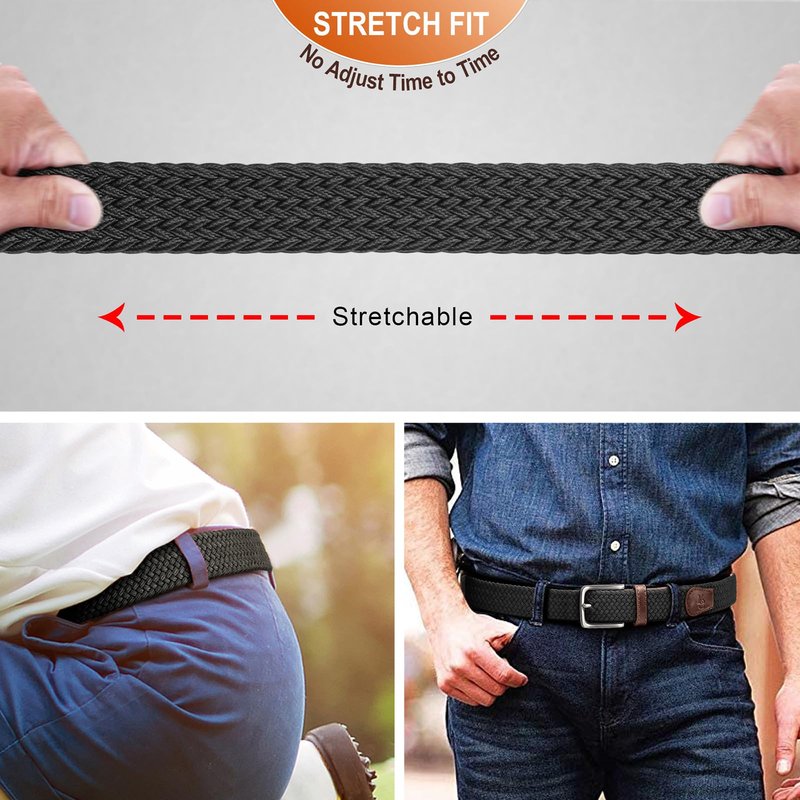 KEMISANT Men's Golf Belt Nulti-pack, Braided Woven Stretch Belt for Gift Men Casual Jeans Sports Work 1 3/8"(Black/Beige,30"-34" Waist Adjustable)