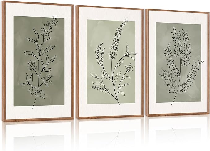CHDITB Sage Green Framed Canvas Wall Art, Neutral Botanical Line Wall Decor, Olive Tone Plant Poster, Modern Farmhouse Floral Decor, Boho Minimalist Nature Prints for Bedroom Office Decor 16"x24"X3
