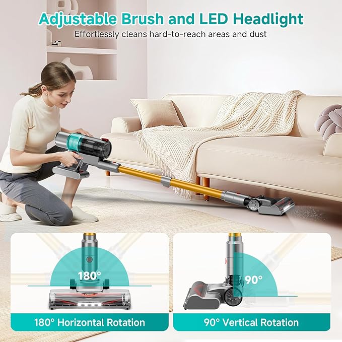 Cordless Vacuum Cleaner: Portable 6-in-1 Stick Vacuum with Anti-Tangle Brush, LED Headlight, Self-Standing, HD Display, Rechargeable Vacuum for Pet Hair, Low-Pile Carpet and Hardwood Floor-Green