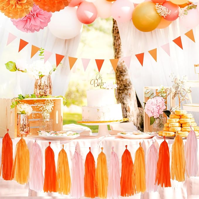 Pink-Orange Groovy Party-Decorations Pom-Poms Streamers - 23pcs Fall Autumn Thanksgiving Harvest Tissue Tassel Garland Banner,Birthday Baby Bridal Shower Engagement Wedding Decor Lasting Surprise