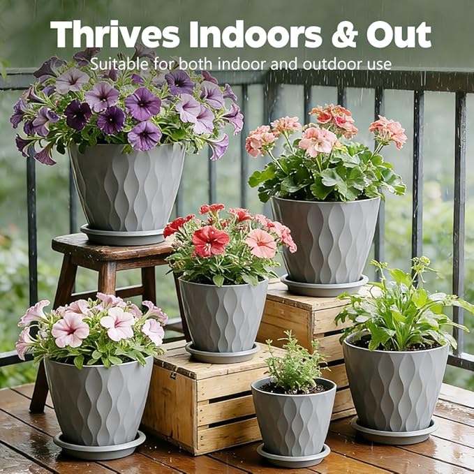 Plant Pots, Self Watering Planters with Drainage Holes and Trays, Flower Pots for Indoor Outdoor - 6 Pack(4/5/6/6.5/7/8 Inch) (Gray)