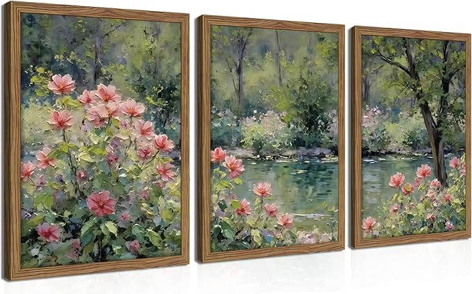 Framed Monet Wall Art Set of 3, Impressionist Botanical Floral Canvas Wall Decor
