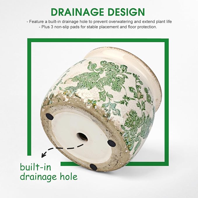 Flower Pots Planters for Indoor Plants Ceramic Plant Pots with Drainage 6.1 Inch Vintage Ceramic Pots for Plants Outdoor Home Garden Decor, Crackled Green Peony