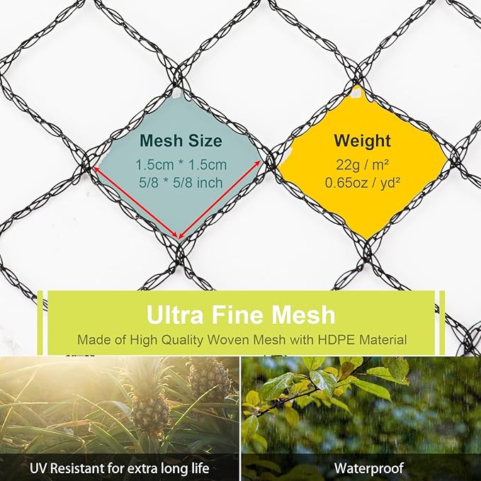 Bird Netting for Garden - 6.5 x 32.8 FT Heavy Duty Anti Bird Netting Mesh with Ties and Landscape Staples for Vegetable, Fruit Trees & Other Plants, Lasting Against Birds Deer Squirrels and Poultry
