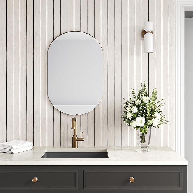 VEELIKE Cream White Oak Wood Slat Wall Panel Peel and Stick 3D Faux Wood Wall