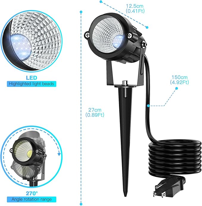High Brightness 1000LM Outdoor Spot Lights for Yard, 3500K Warm White Spot Lights Outdoor with 4.9FT Electric Cord, 10W LED IP66 Waterproof Landscape Spotlights for Garden Tree Flag - 4 Pack