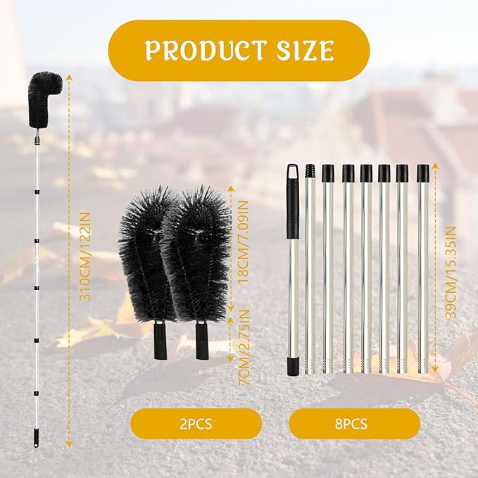 Gutter Cleaning Brush Extendable Guard Cleaner Tool with 8 Pcs Telescoping Handle Extension Pole 10ft, Gutter Cleaning Tools from The Ground for Easy Removing Leaves Debris Window Cleaner (Black)