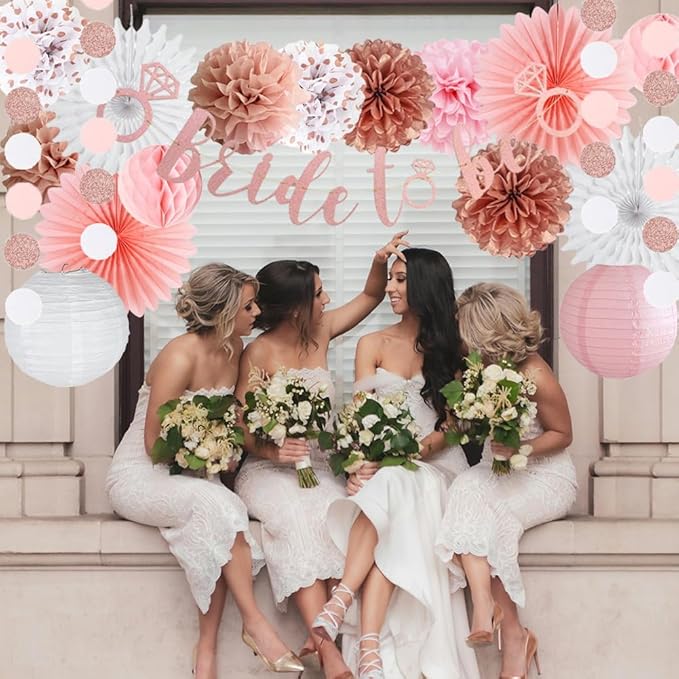 Pink Bridal Shower Decorations Rose Gold Bachelorette Party Decorations Rose Gold Bride To Be Banner Pink White Dusty Rose Paper Pom Poms Wedding Shower Engagement Party Decor