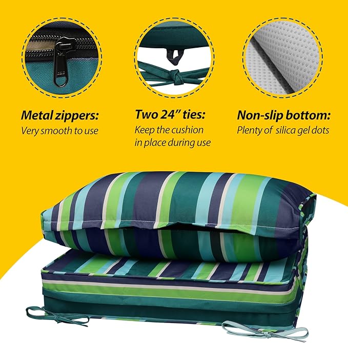AAAAAcessories Outdoor Seat Cushions for Chairs, Fade-Resistant, Waterproof Patio Furniture Replacement Cushions, 25.5" x 25.5" x 5" + 25.5" x 13.5", Stormy Teal Coastal Stripe