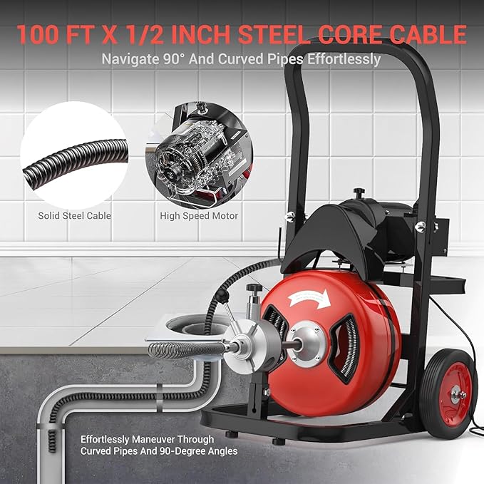 100Ft 1/2 Inch Drain Cleaning Machine, 450W Portable Drain Cleaning Machine Auto Feed Electric Sewer Snake, Electric Drain Auger with 6 Cutter Air-Activated Foot Switch for 2" to 4" Pipes
