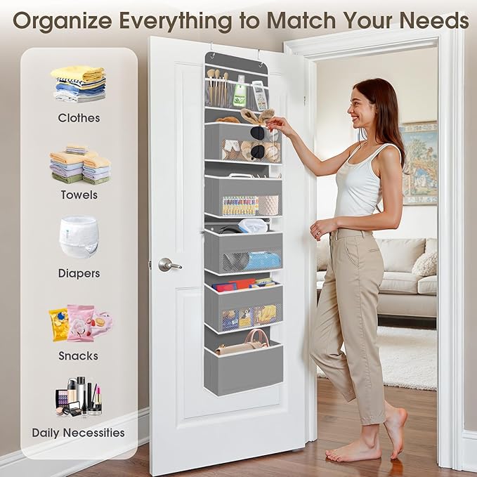 6-Tier Over The Door Organizer, Hanging Storage Organizer with Clear Window, 40lb Ultra Sturdy Large Capacity Room Organizer for Pantry Bathroom Nursery Closet Baby Essential (Grey)