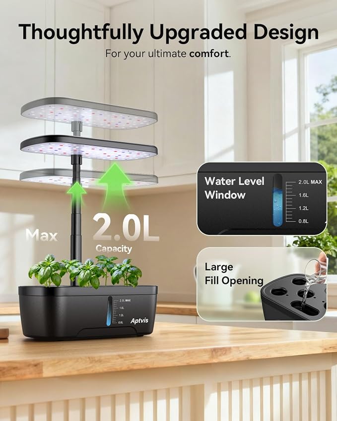 Hydroponics Growing System, 6 Pods Smart Indoor Herb Garden with LED Grow Light, Auto Timer, Height Adjustable, Quiet Pump, Gardening Gifts for Mom Women - Black