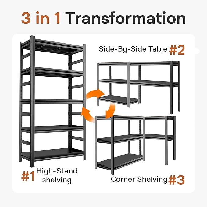 77''H Garage Shelving Heavy Duty 5-Tier Adjustable Storage Shelves Unit,3500 LBS Metal Utility Rack Shelf for Industries, Warehouses, Basement,Black (77.4''H x 39.3''W x 13.8''D)