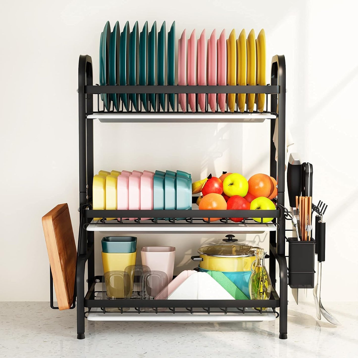 1Easylife Drying Rack, Metal 3-Tier Large Capacity Dish Rack with Utensil Holder, Cutting Board Holder, Drain Board Tray for Kitchen Counter Storage (Black)
