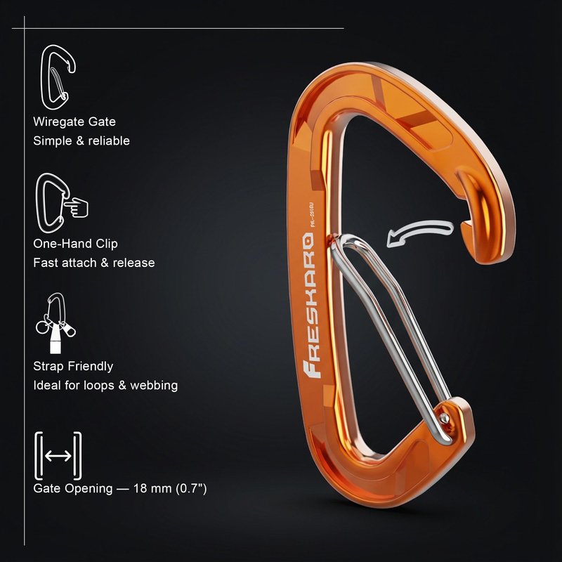 FresKaro Wire gate Carabiner Clips, 15kN WireGate Caribeener Heavy Duty, Caribeaner Spring Snap Hooks, D Ring, Strong, Lightweight, 4Pack for Keychain, Key, Gym, Outdoor Camping, Medium Size, Orange