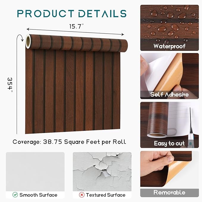 VEELIKE Walnut Wood Slat Peel and Stick Wallpaper Wood Contact Paper