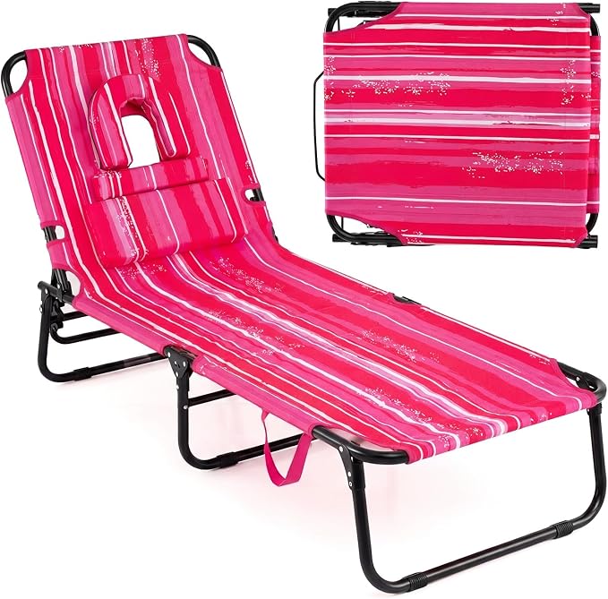 GYMAX Tanning Chair, 330lbs Beach Lounge Chair with Face Hole, Washable Pillow & Carry Strap, Adjustable Folding Chaise Lounge, Layout Lounger for Outside, Patio, Poolside, Lawn (1, Pink Stripe)