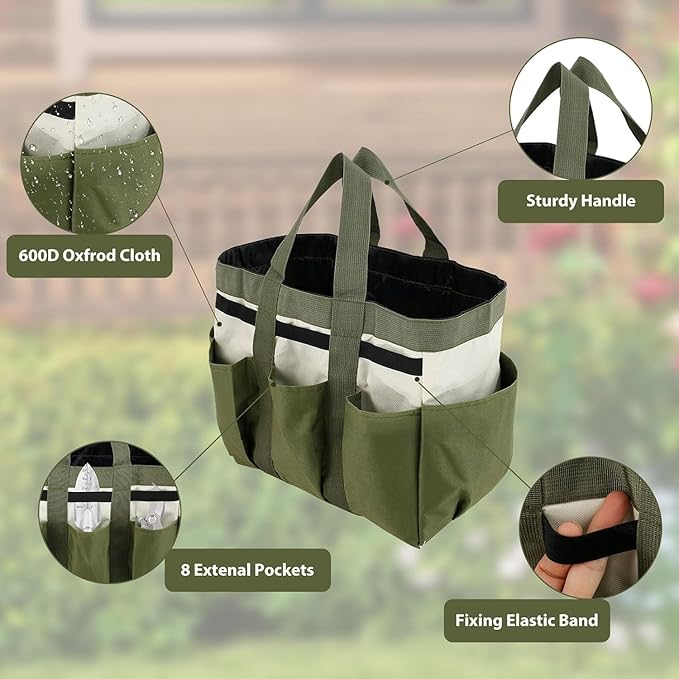 Garden Tool Bag Organizer, Tote Storage Bag with 8 Pocket, Heavy Duty Oxford Garden Tote Caddy, Gardening Tool Kit Holder for Indoor and Outdoor, Gifts for Men Women
