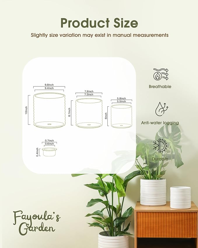 Fayoula Ceramic Planter, 10+8+6 Inch Plant Pots, Modern Striped Indoor/Outdoor Flower Pots for Succulents, Herbs, Home Office & Patio - Includes Mesh Pads & Saucer, Set of 3 ﻿