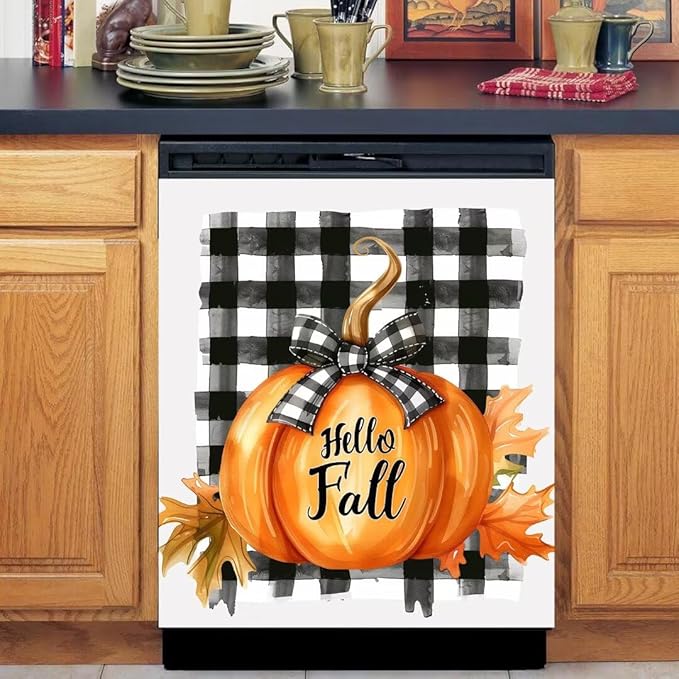 Generic Pumpkin Dishwasher Face Cover, Decorative Autumn Thanksgiving Harvest Buffalo Plaid Stickers, Simple Magnetic Dishwasher Sticker, Fridge Door Cover, 23Wx26H