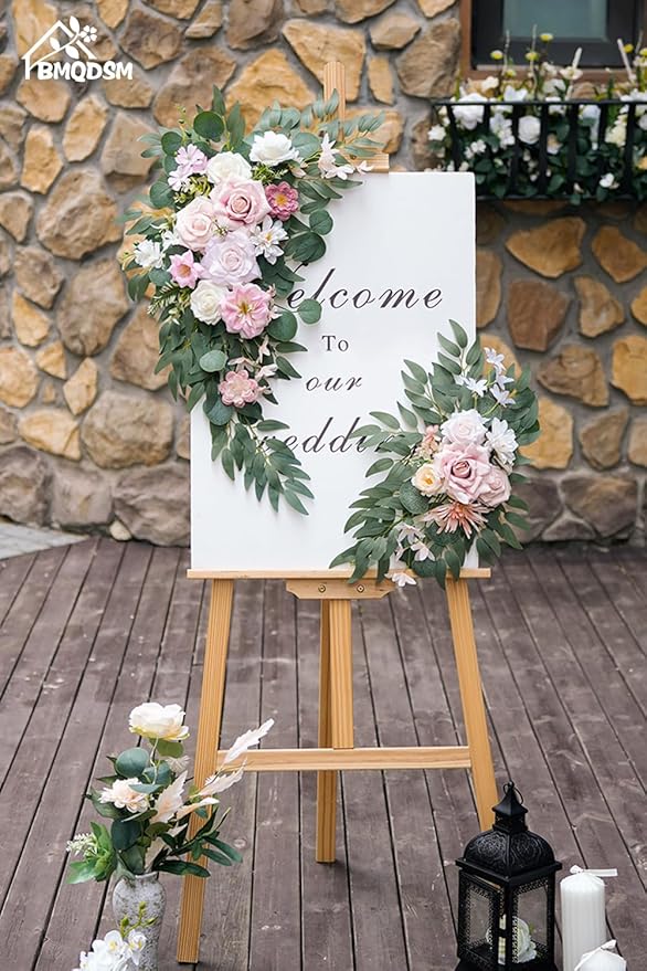 Wedding Welcome Signs Floral(Pack of 2)，Wedding Arch Flowers for Wedding Decorations and Reception Backdrop Decoration (New Pink)
