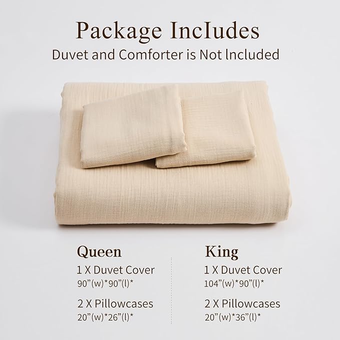 MEISHANG Muslin Duvet Cover King Size - 100% Organic Cotton, Soft Textured Gauze Weave Comforter Cover for Breathable All-Season with Zipper Closure - 3 Piece Set (King, Linen)