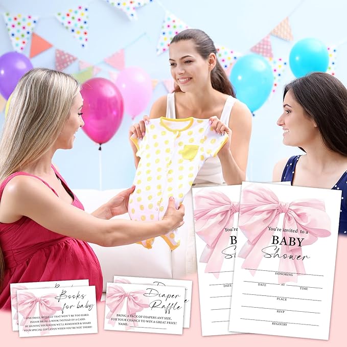 Pink Bow Baby Shower Invitations, Fill-in Invites For Gender Reveal Baby Announcement, Party Favor & Accessories(25 Invitations With Envelopes, 25 Dipaer Raffle Tickets & 25 Book Request Cards)-12
