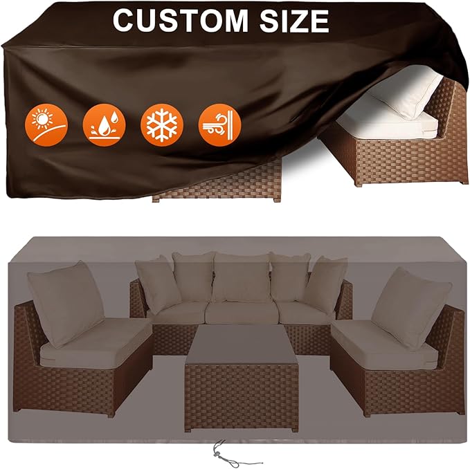 Patio Furniture Cover Rectangle 120"(L) x 56"(W) x 34"(H), Custom Heavy Duty 420D Waterproof Outdoor Cover with Drawstring & Buckles for Table Chair Garden, Coffee