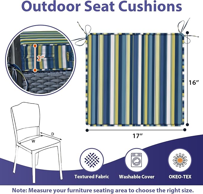 IPYNBAP Outdoor Chair Cushions Set of 4 -Waterproof Outdoor Seat Cushions for Patio Furniture, Patio Chair Cushion with Handle and Ties, Out Door Chair Pads,17x16x2-Square, Blue Stripe