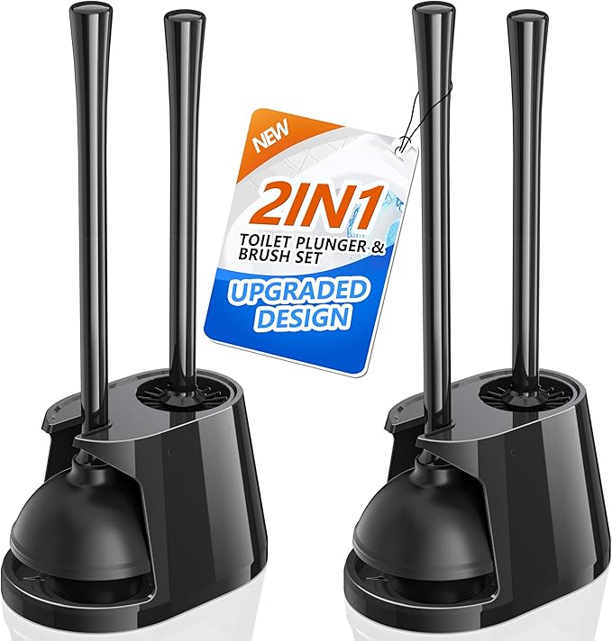 Toilet Plunger and Brush Set, 2 Pack Bowl Brush and Heavy Duty Toilet Plunger with Ventilated Holder, 2-in-1 Toilet Brush and Plunger Combo for 5.3-inch Toilet Drain Bathroom Deeply Cleaning(Black)