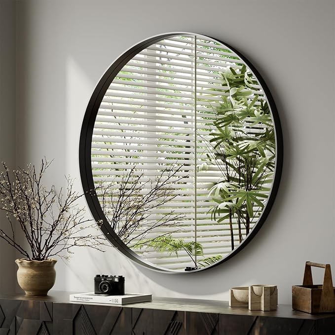VooBang 24 inch Round Bathroom Mirror, Balck Modern Circle Wall Mounted Mirror