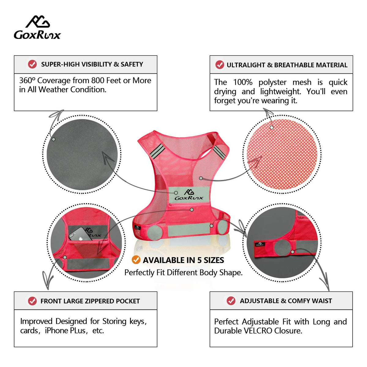 Reflective Vest Running Gear, Lightweight Motorcycle Cycling Reflective Vests with Large Pocket & Adjustable Waist for Women Men Running Safety Vest with Reflective Bands (Pink, Medium)