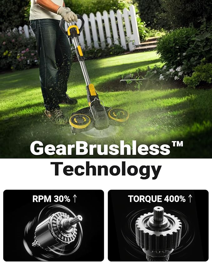 Brushless Cordless Weed Wacker, 4820 Gear Brushless Motor 20V Battery Powered Weed Eater, 3-in-1 Trimmer/Edger/Lawn Mower (with Two 5.2Ah)