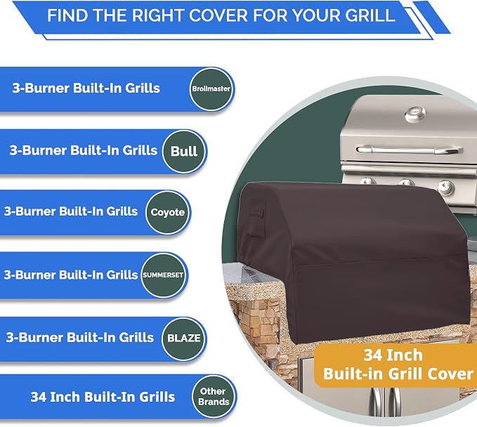 Covers & All Built-in Grill Cover for Outdoor Grill – Heavy Duty 12 oz Waterproof Built-in BBQ Grill Cover, PVC-Coated Polyester with Elastic Hem for Snug Fit (34 x 26 x 24 inches, Coffee)