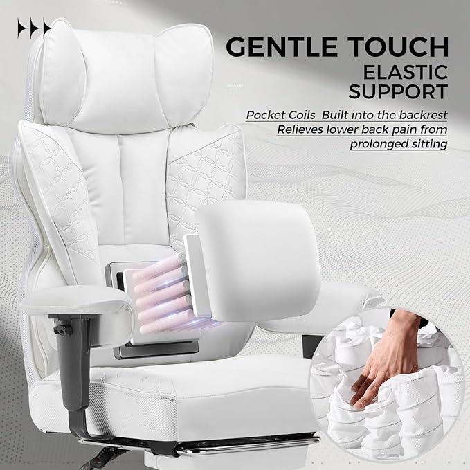 COMHOMA Desk Office Chair Big and Tall Office Chairs Ergonomic Gaming Chairs with Wide Seat Leather High Back Chair with Foot Rest Adjustable Armrests Pocket Spring Lumbar Support