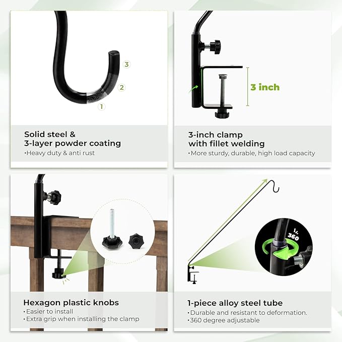 Idzo Deck Hook for Bird Feeder, 43in Deck Bird Feeder, Plant Hanger for Railing, 3in Non-Slip Clamp, 2 Packs