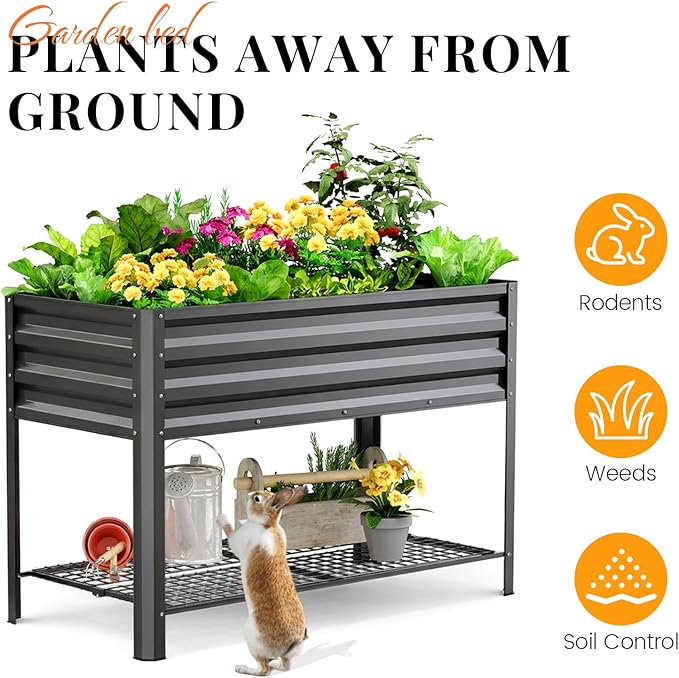 KING BIRD Large Raised Garden Bed with Legs & Storage Shelf Galvanized Elevated Planter Box for Backyard, Patio, Balcony, 400lb Capacity, Dark Grey 48×24×31.5 in