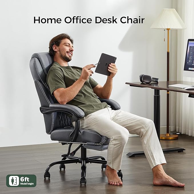 Office Chair, Big and Tall Office Chair with Foot Rest Ergonomic Chair Home Office Desk Chairs Reclining High Back Leather Chair with Lumbar Support(Gray)