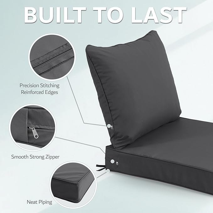 22x22 Inch Patio Chair Cushion with Removable Cover, Outdoor Furniture Cushion - Water-Repellent, Fade-Resistant, Non-Slip Bottom & Straps, Replacement for Lawn, Porch & Deck Chair - Dark Grey