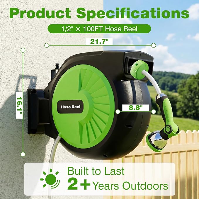 Retractable Garden Hose Reel 100FT x 1/2 in, Wall Mount Water Hose Reel for Outside with Auto Rewind, Tangle-Free Guide, 180° Swivel Bracket, Lock at Any Length, High-Pressure Flow, 10-Pattern Nozzle