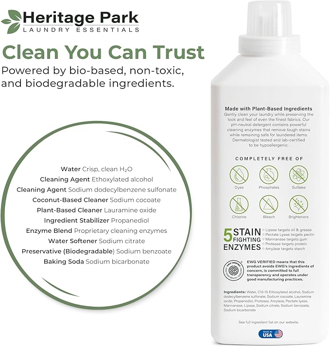 Heritage Park Luxury Laundry Detergent | Dermatologist Tested Plant based Natural & Enzyme Laundry Detergent | Sensitive Skin Friendly - Fragrance Free (32 fl oz)
