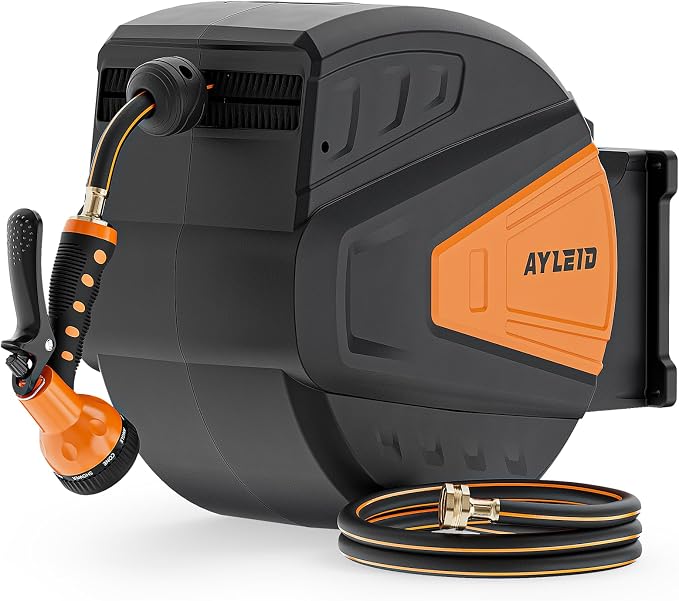 Ayleid Retractable Rubber Hybrid Garden Hose Reel, 5/8"x100ft Wall Mount | Anti-freeze, kink-free premium rubber hybrid hose, 24-month warranty, 9-pattern sprayer, any-length lock, slow auto-return.