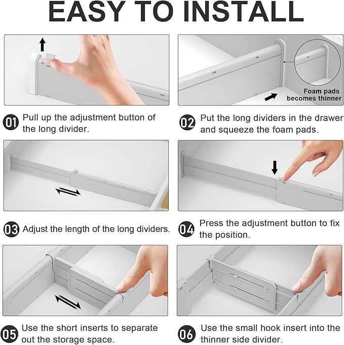 HiYZ Expandable Drawer Dividers with Inserts - Adjustable Drawer Organizers Separators for Kitchen, Bedroom, Dresser, Office, 8 Long Dividers(12.6-22.8 IN) with 16 Inserts(3.9-7.1 IN) - Gray