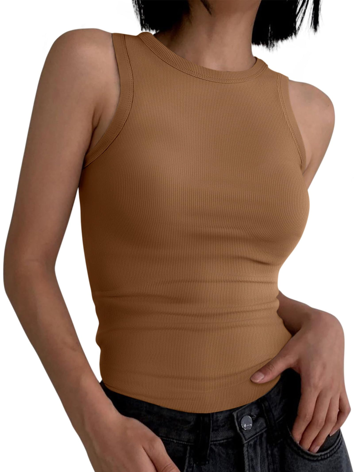 ANRABESS Womens Sleeveless High Neck Tank Tops Fashion Summer Casual Basic Slim Fit Ribbed Racerback Top Shirt Clothes Coffee Medium