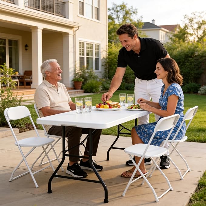 4 Pack White Plastic Folding Chairs, Outdoor Portable Folding Chair with Steel Frame, 350lbs Capacity Stackable Foldable Chairs for Patio, Garden, Picnic, Kitchen, Events